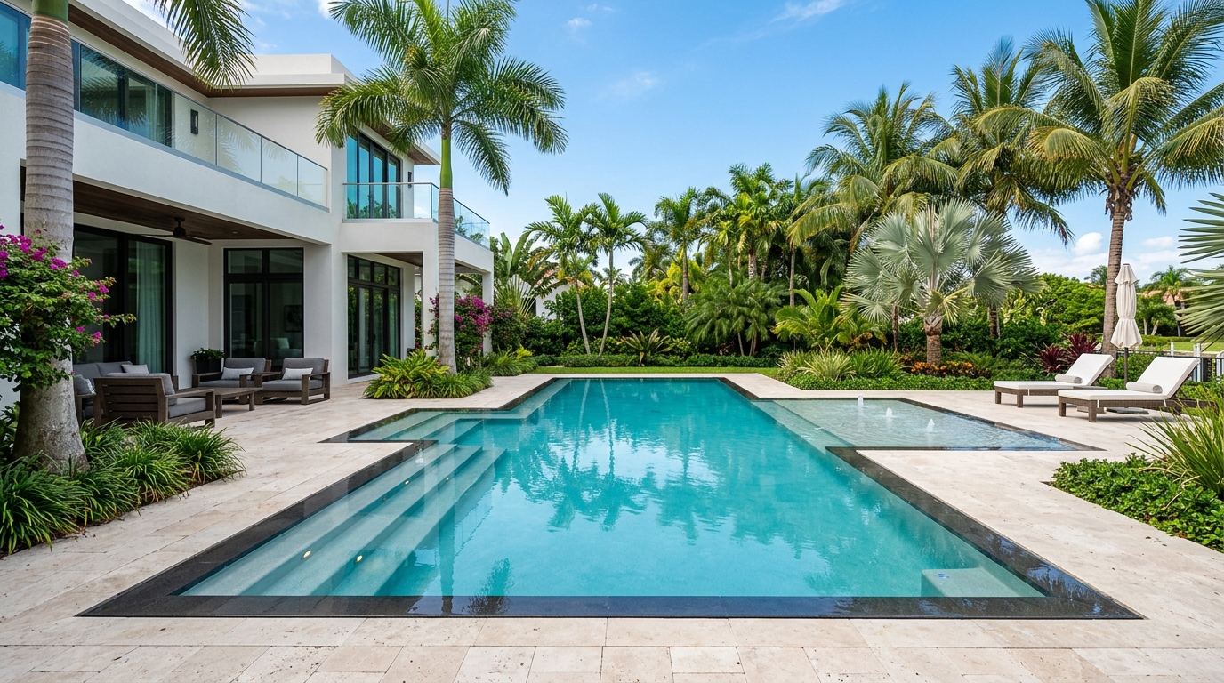 Modern luxury swimming pool in South Florida with turquoise water and palm trees