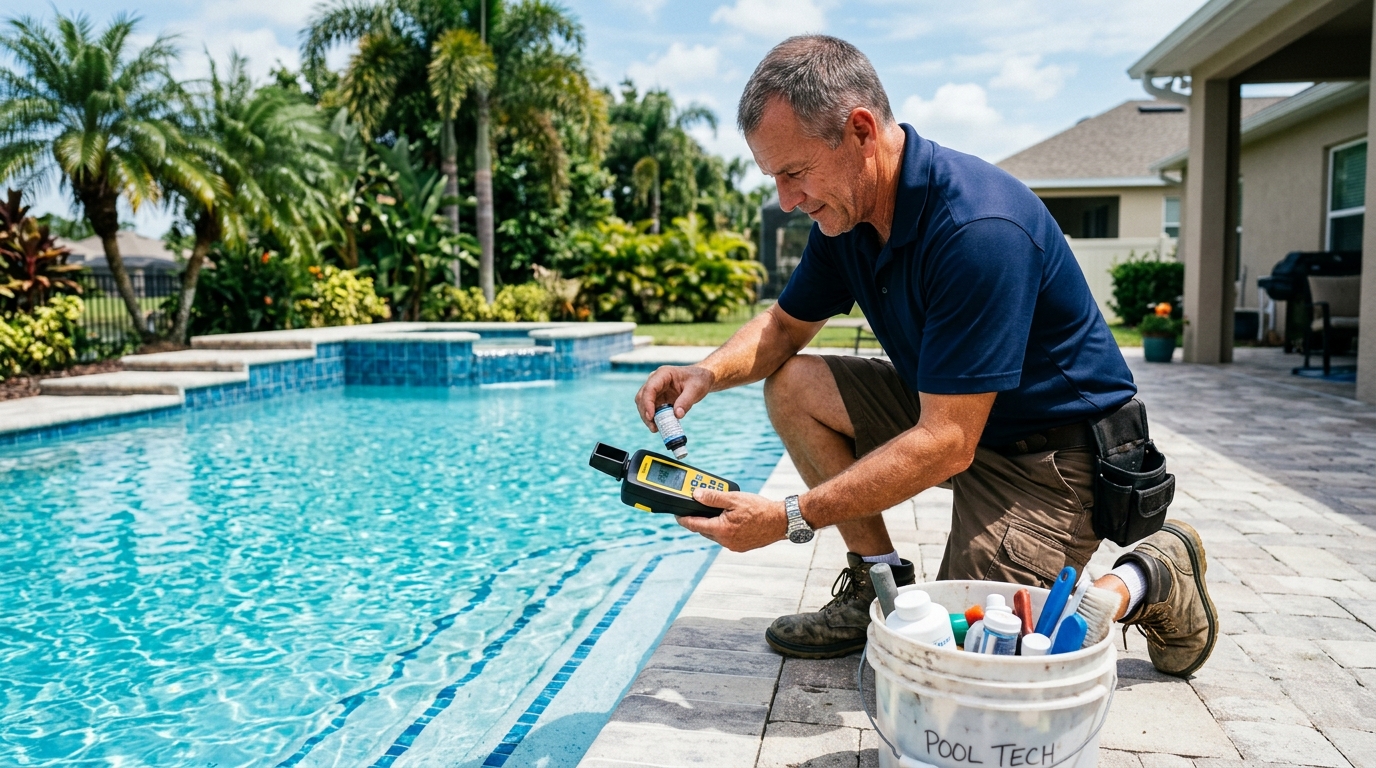 South Florida pool route technician conducting digital water chemistry test